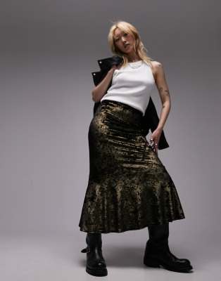 Topshop Petite Topshop Petite crushed velvet fishtail maxi skirt in metallic gold