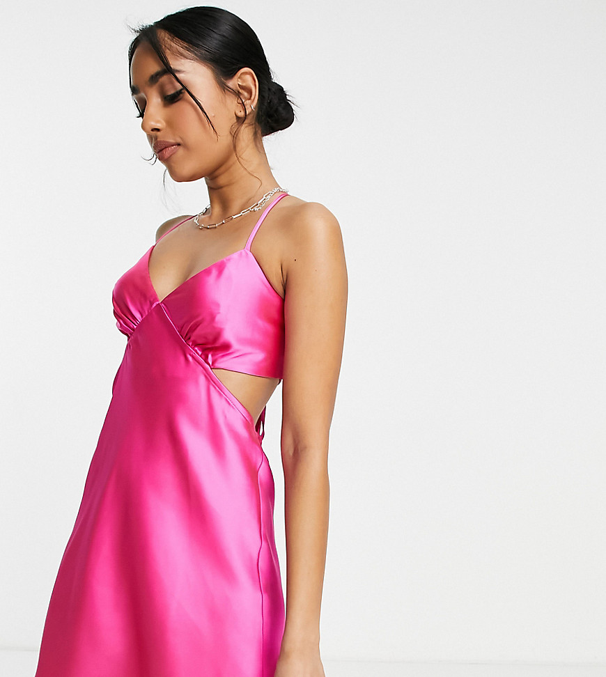 Topshop Petite cut out satin mini slip dress in hot pink