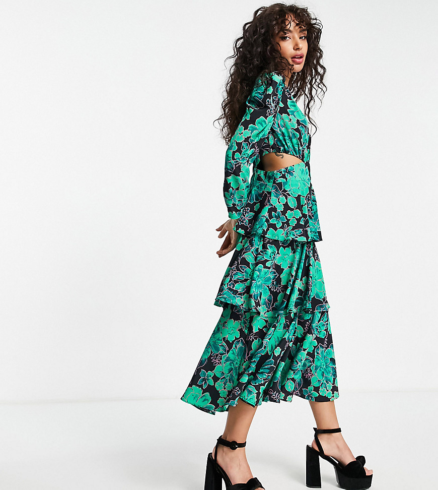 topshop petite cut out side tiered floral midi dress in green