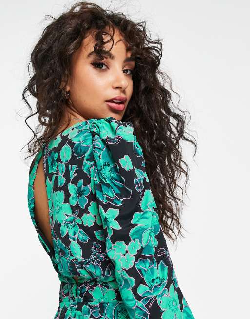 Topshop Petite cut out side tiered floral midi dress in green | ASOS