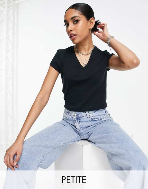 Topshop Petite – Czarny T-shirt z dekoltem V