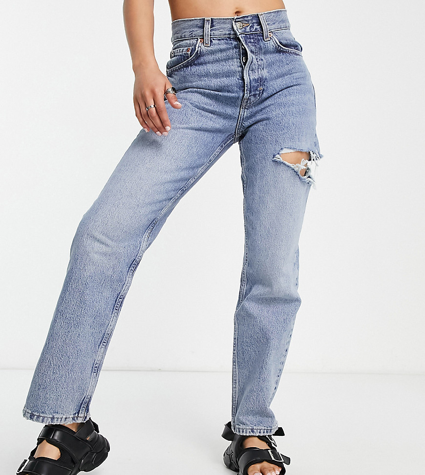 Topshop Petite Dad Jeans With Side Rip In Bleach-Blue