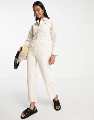 Topshop Petite Denim Boilersuit in ecru-White