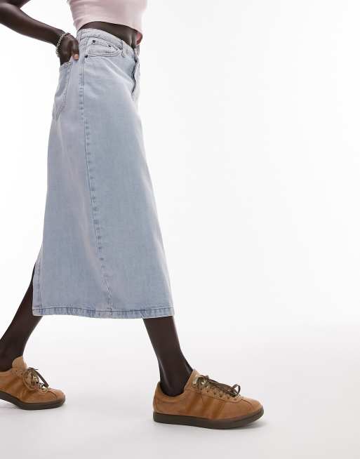 Topshop Tall denim midi skirt in bleach, ASOS