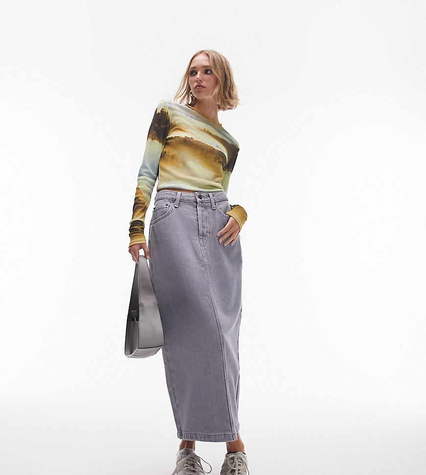 Topshop Petite Denim Midi Skirt In Gray
