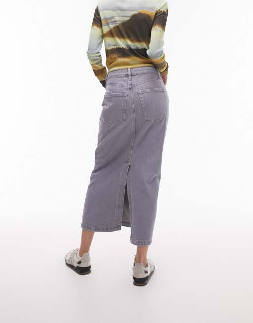 Topshop petite denim midi skirt in gray , 2 of 4