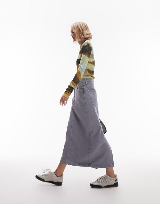 Topshop petite denim midi skirt in gray ASOS