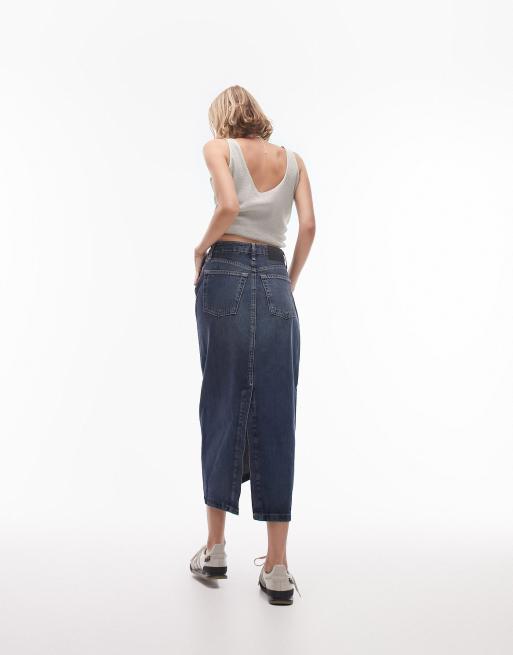 Topshop Petite denim midi skirt in indigo, 2 of 4