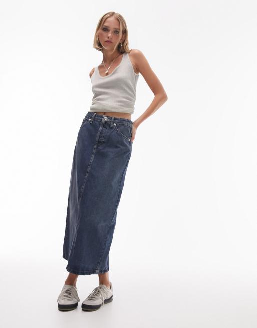 Topshop Petite denim midi skirt in indigo ASOS