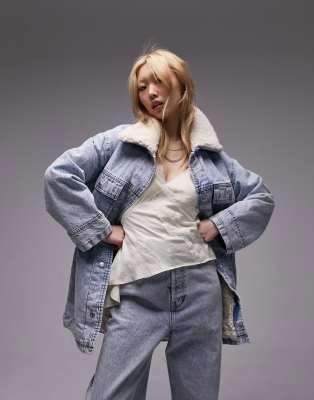 Topshop Petite denim oversized borg jacket in bleach