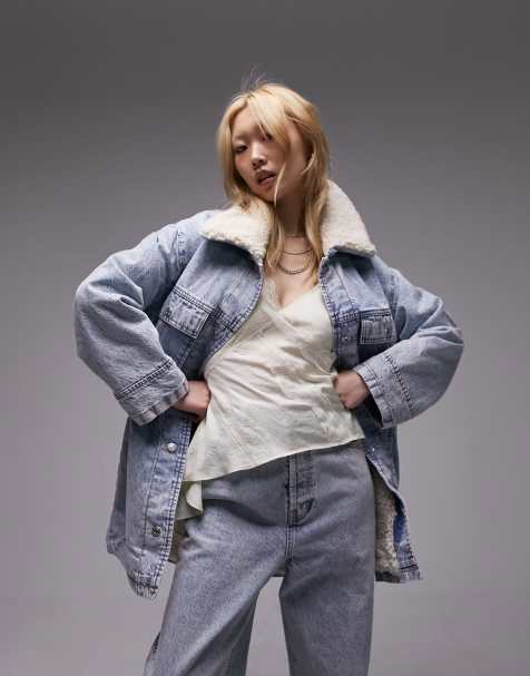 Topshop Petite denim oversized borg jacket in bleach - view 1