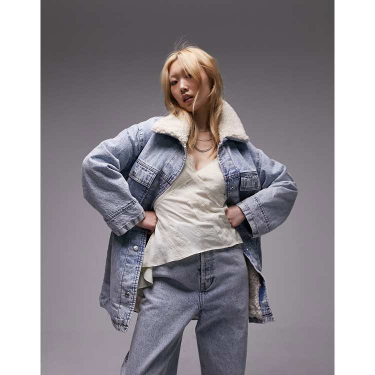 Topshop Petite denim oversized borg jacket in bleach ASOS