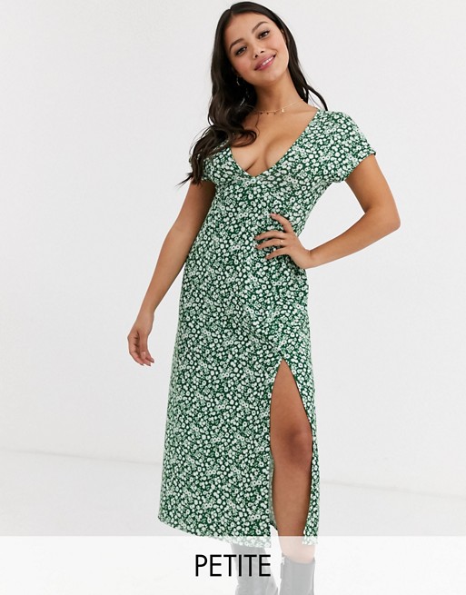 Topshop Petite ditsy midi dress in green floral