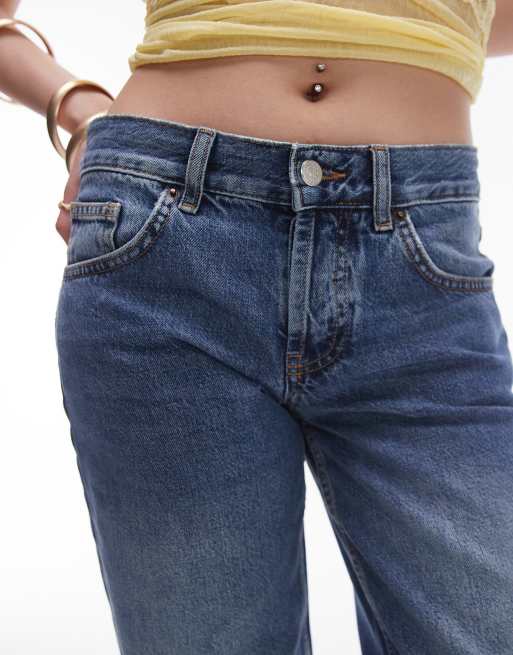 Topshop Petite Ember low rise straight leg jean in mid blue, 5 of 5