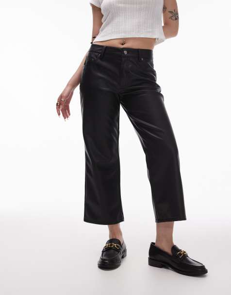 Topshop Petite - Enkellange broek van imitatieleer met rechte pijpen in zwart - view 1