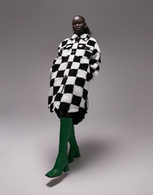 Topshop Petite faux fur checkerboard longline jacket in monochrome-Multi