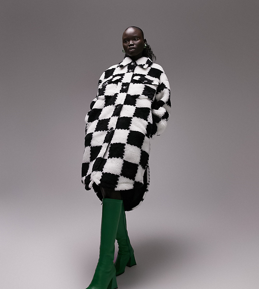 Topshop Petite faux fur checkerboard longline jacket in monochrome