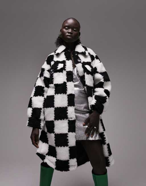 Topshop Petite faux fur checkerboard longline jacket in monochrome