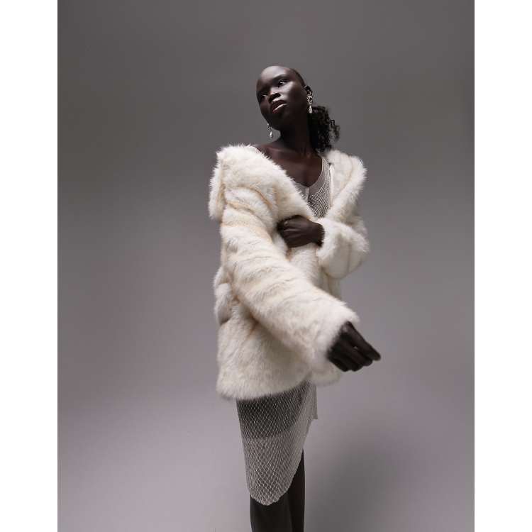 TOPSHOP Cropped Faux Fur Coat in White