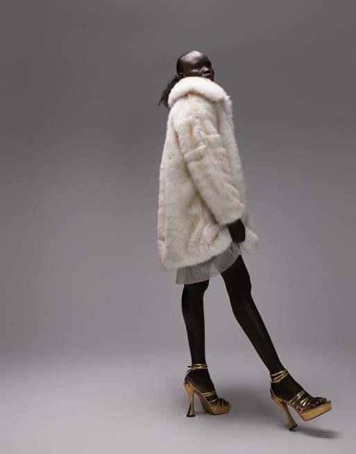 Topshop cropped faux fur coat in tipped winter white