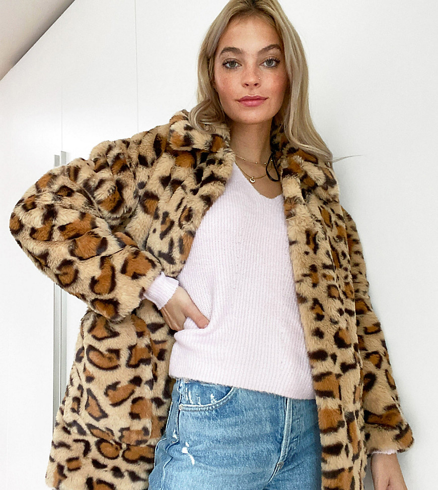 Topshop Petite faux fur coat in leopard print-Multi