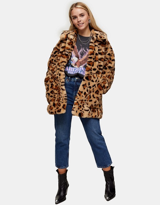 Topshop Petite faux fur jacket in leopard