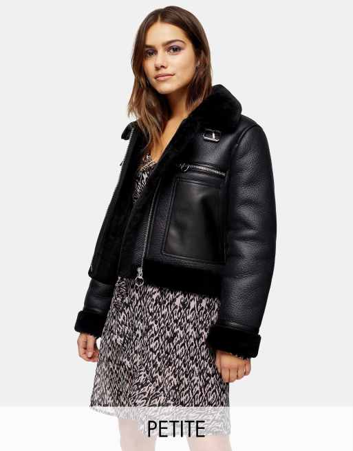 Topshop Faux Leather Aviator Jacket with Faux Fur Trim