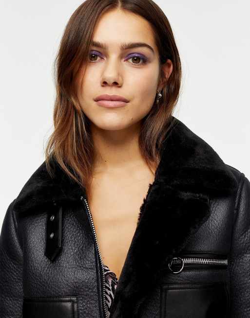 Topshop Petite faux leather aviator jacket in black