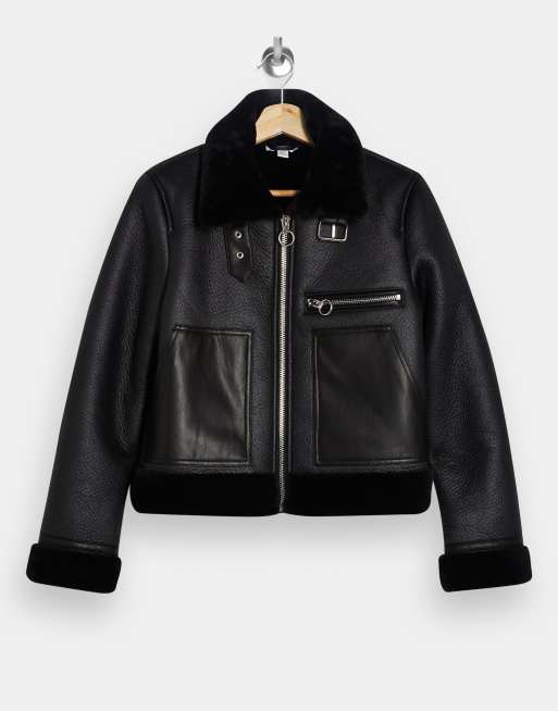 Topshop Petite faux leather aviator jacket in black