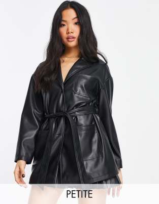 Topshop Petite faux leather belted shirt jacket with revere collar in black