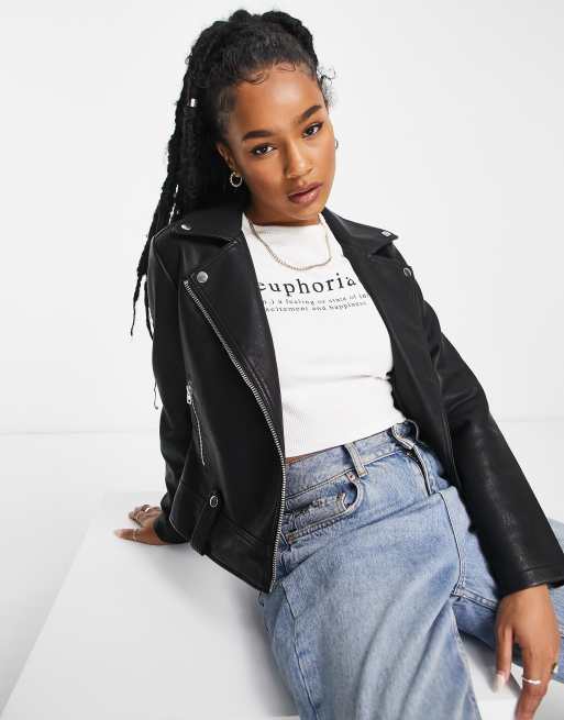 Topshop Petite faux leather biker jacket in black