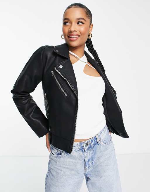 Topshop Petite Faux Leather Collarless Biker Jacket, $95