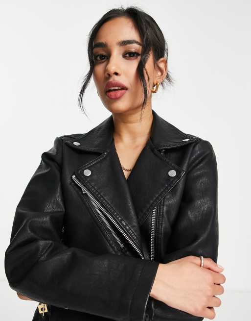 Topshop Petite faux leather biker jacket in black