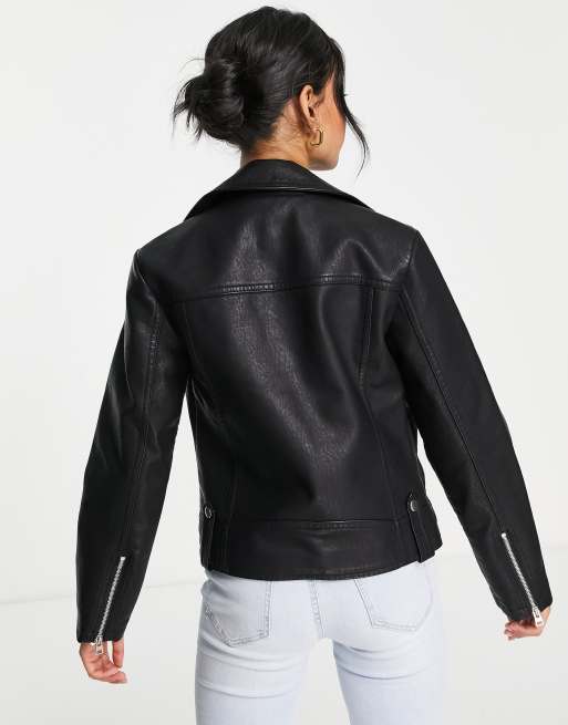 Topshop Petite faux leather biker jacket in black