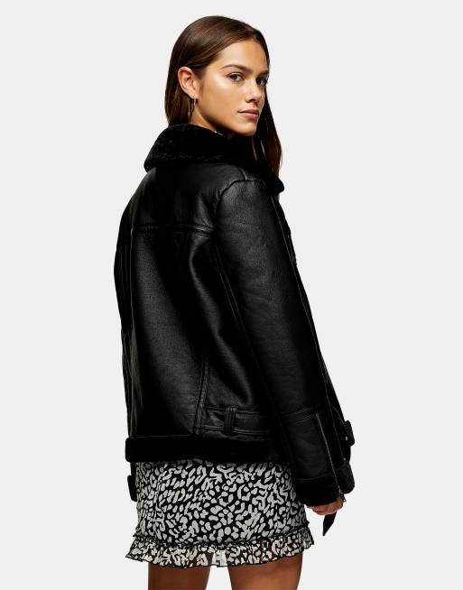 Topshop Petite faux-leather biker jacket in black, 2 of 4