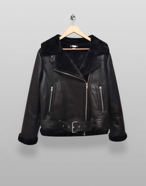 Topshop Petite faux leather biker jacket in black, ASOS