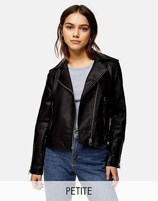 Topshop Petite faux leather biker jacket in black | ASOS
