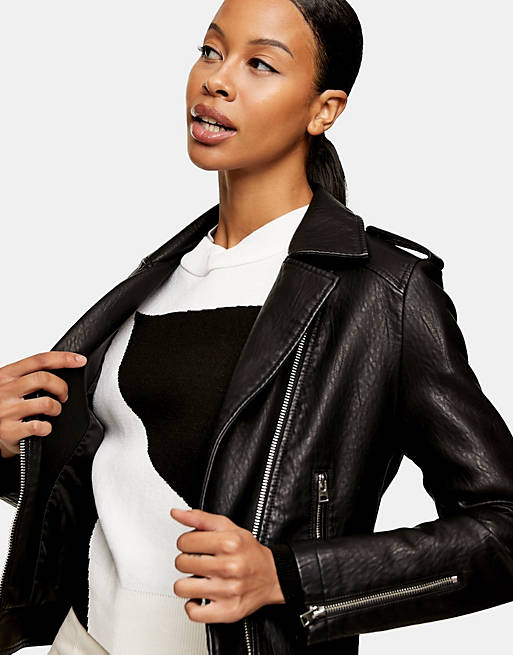 Women Topshop Petite faux leather biker jacket in black 