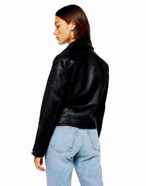 Topshop Petite faux-leather biker jacket in black