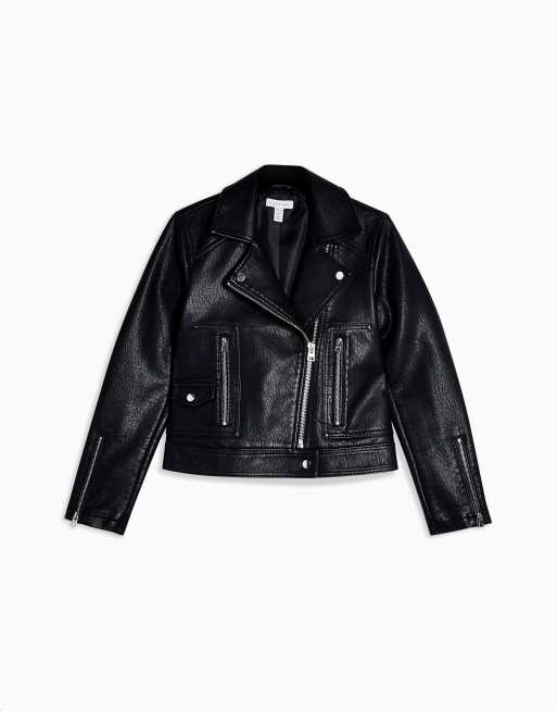 Topshop Petite faux leather biker jacket in black