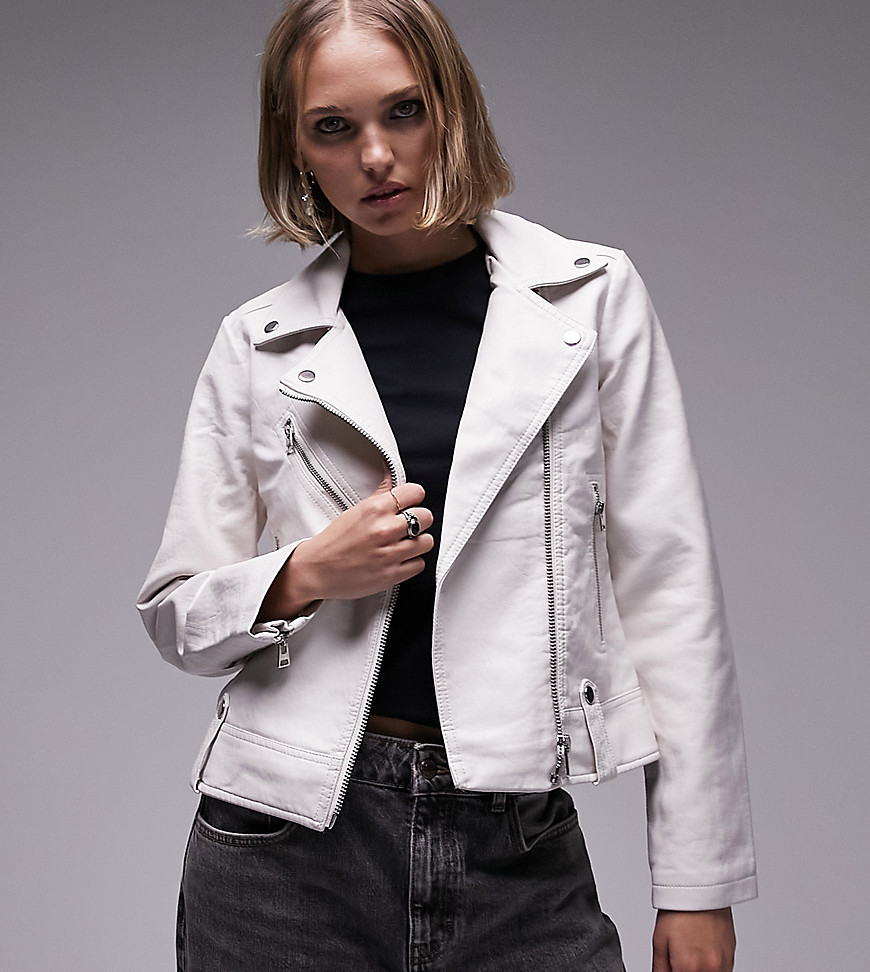 Topshop Petite faux leather biker jacket in off white