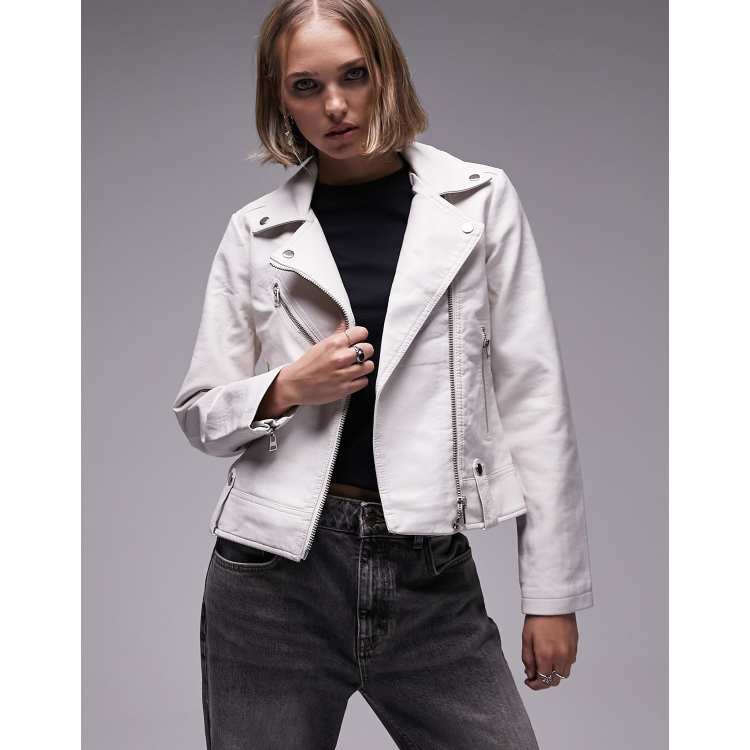 Off-White White Cropped Biker Leather Jacket Off-White