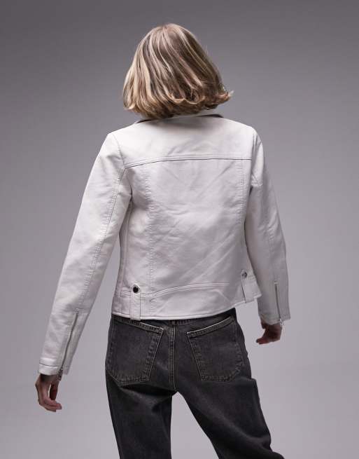 Topshop Petite faux leather biker jacket in off white