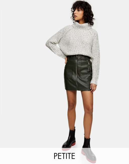 Topshop Petite faux leather biker skirt in khaki