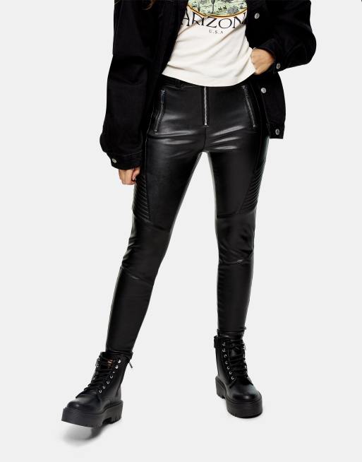 Topshop Petite leather look legging in black