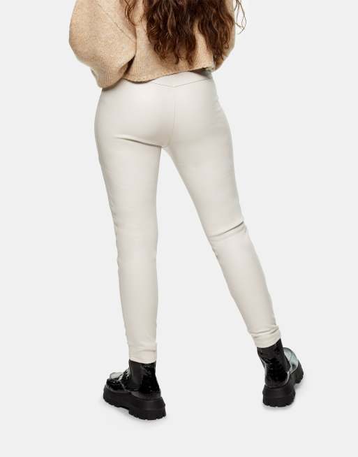 Topshop Petite faux leather biker trousers in cream