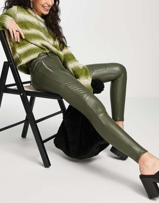 Topshop Petite faux leather biker trousers in khaki, 4 of 4