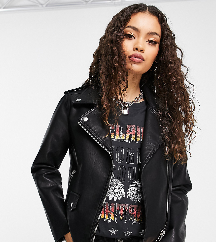 TOPSHOP PETITE FAUX LEATHER CLASSIC MOTO JACKET IN BLACK