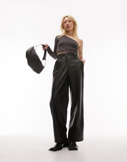 Petite Faux Leather High Waisted Wide Leg Pants