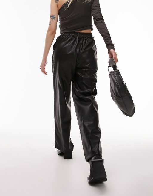 Topshop Petite faux leather sweatpants style straight leg pants in black